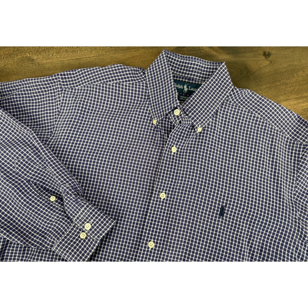 Ralph Lauren  Mens 16 34/35 Navy Blue Gingham Cotton Button Down Shirt Preppy